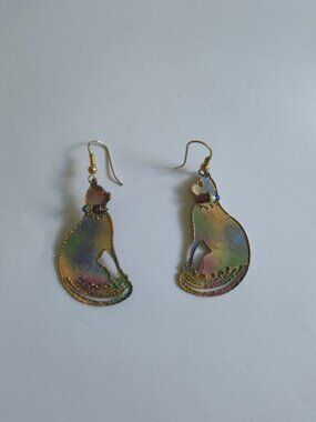 Vintage Iridescent Enameled Copper Cat Earrings, Boho